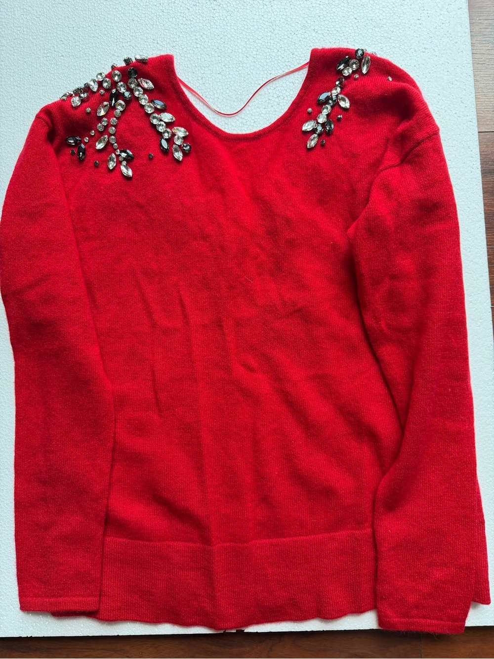 Charter Club Red Crewneck Cashmere Sweater with Jeweled Shoulder Accents